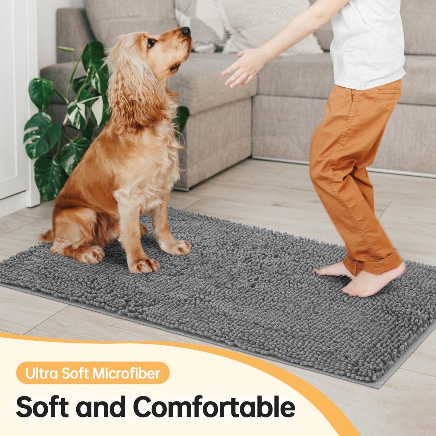 HOMEK Absorbent Dog Door Mat for Muddy Paws, 60" x 36" Chenille Indoor Mats for Entryway, Trap Dirt Front Door Mat Indoor Entrance Washable Non Slip Soft Light Grey