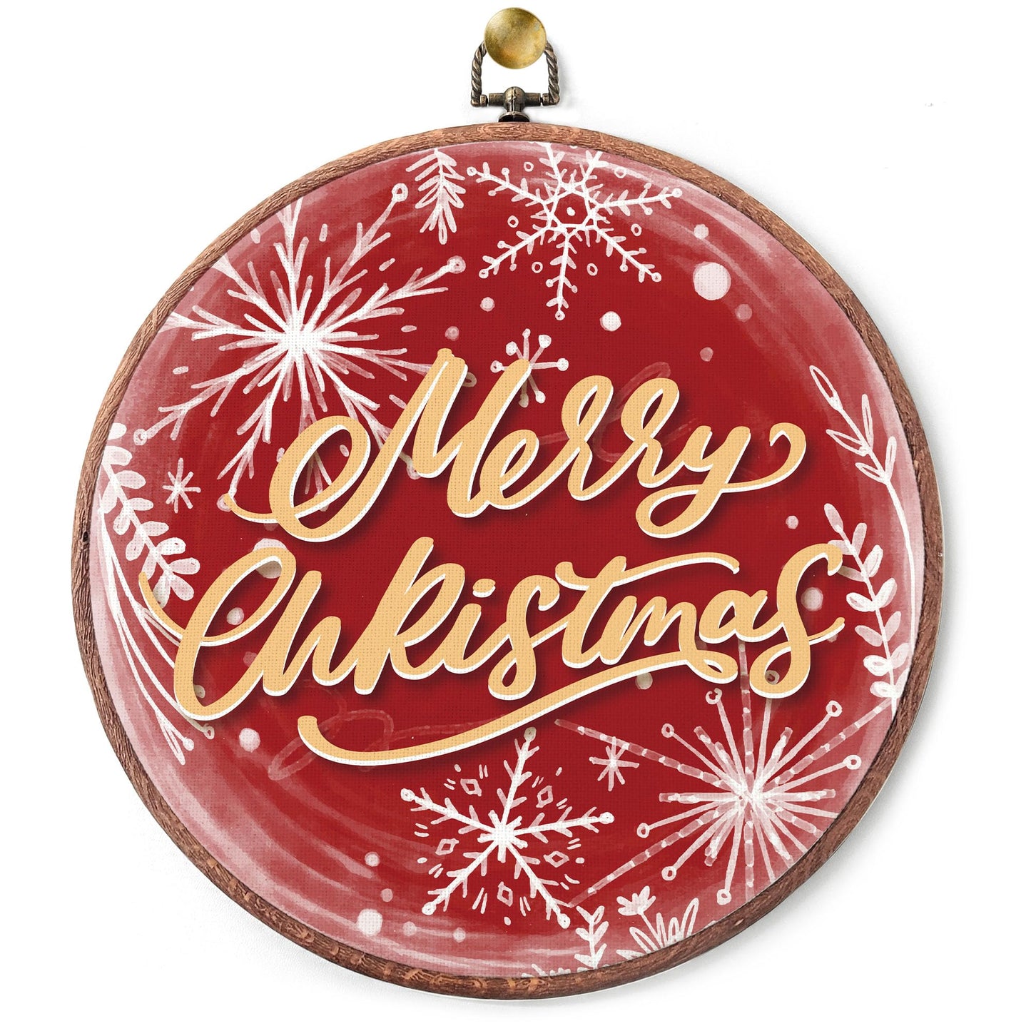 Round Merry Christmas Canvas Wall Art, 10x10 Inches Winter Snowflake Round Wall Art Framed, Christmas Embroidery Kit Decor for Home Living Room, Xmas Gift Ideas for Family Friends(Red)-A06