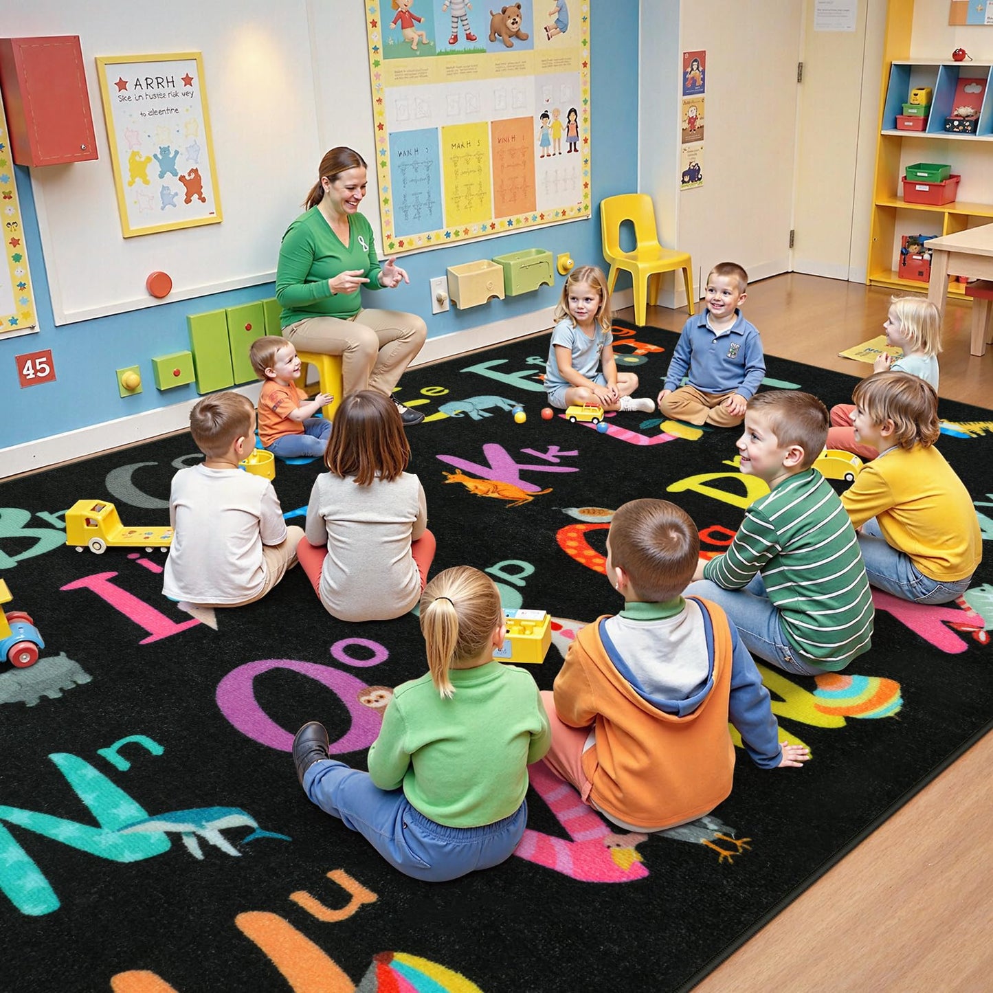LIVEBOX 7'5" x 13' Black ABC Kids Classroom Carpet, Large Washable Alphabet Educational Learning Area Rugs for Classroom Elementary, Non-Slip Preschool Kids Teacher Rug for Kindergarten Daycare Baby