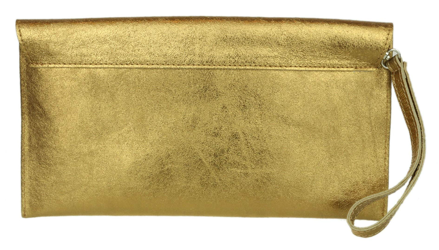 Girly HandBags Womens Italian Suede Leather Envelope Clutch Bag (Metallic Old Gold)