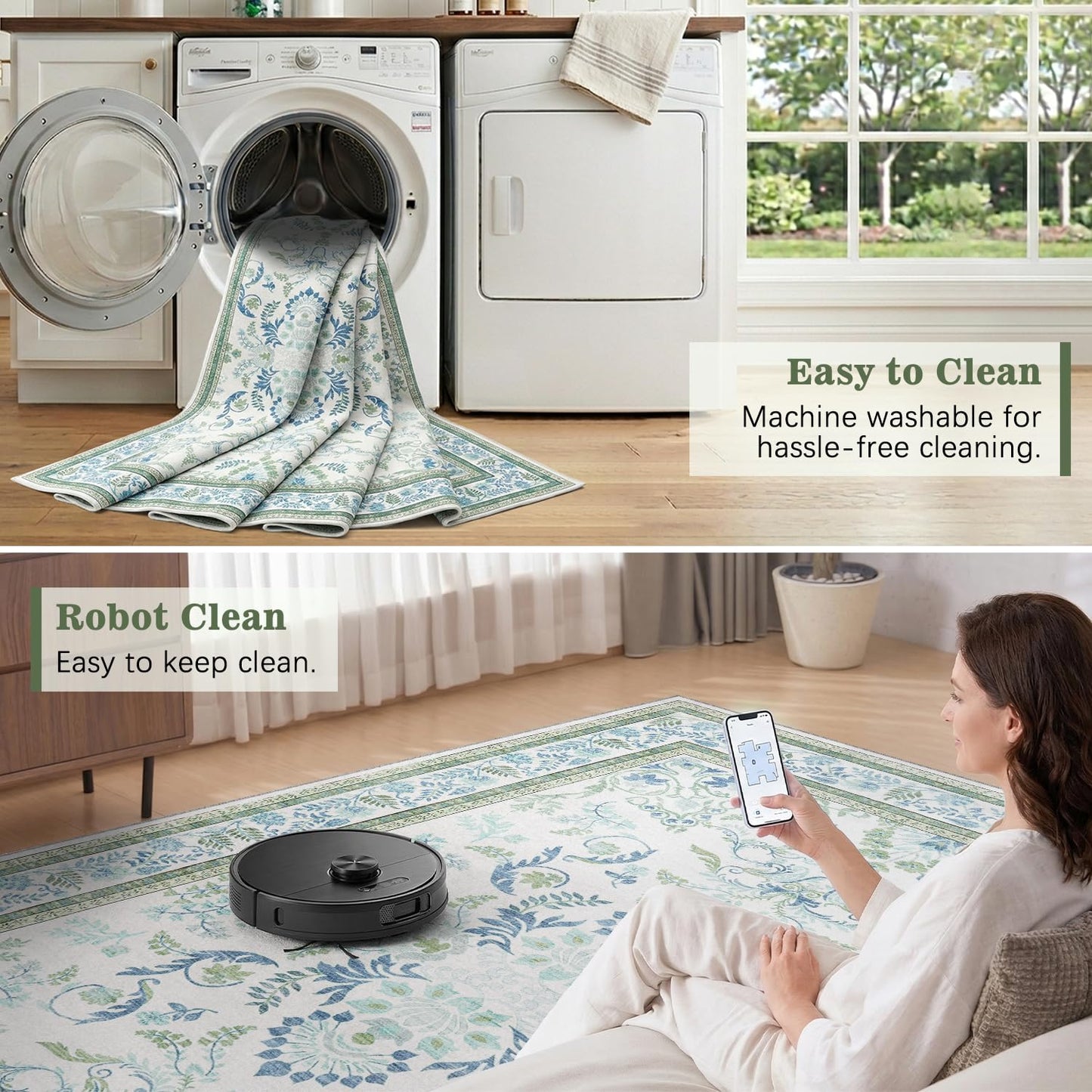 DCX Green 5x7 Rug, Kid & Pet Friendly with Rubber Back Non Slip, Machine Washable Stain Resistant Botanical Floral Rug for Living Room, Bedroom, Home Office, Soft Low Pile Large Nursery Carpet