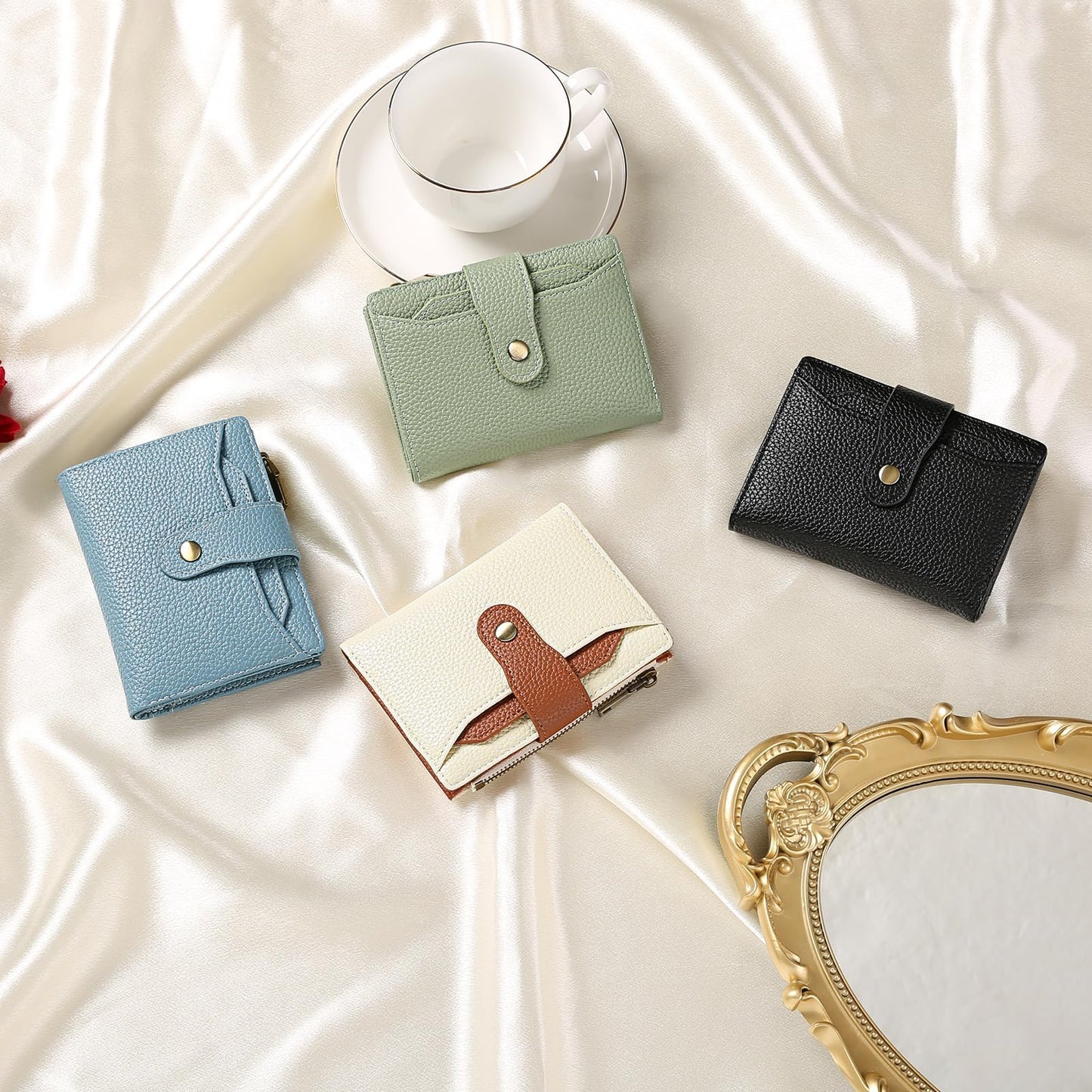 GAEKEAO Small Wallets Woman RFID Blocking Leather Bifold Card Holder Wallets with Zipper Pocket Removable ID Window
