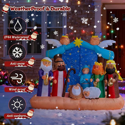 Christmas Inflatable Nativity Scene - 7ft Outdoor Indoor Decoration with LED Lights, Blow Up Yard Decor for Xmas Holiday, Nativity Set Includes Holy Family, Three Kings, Angel & Sheep
