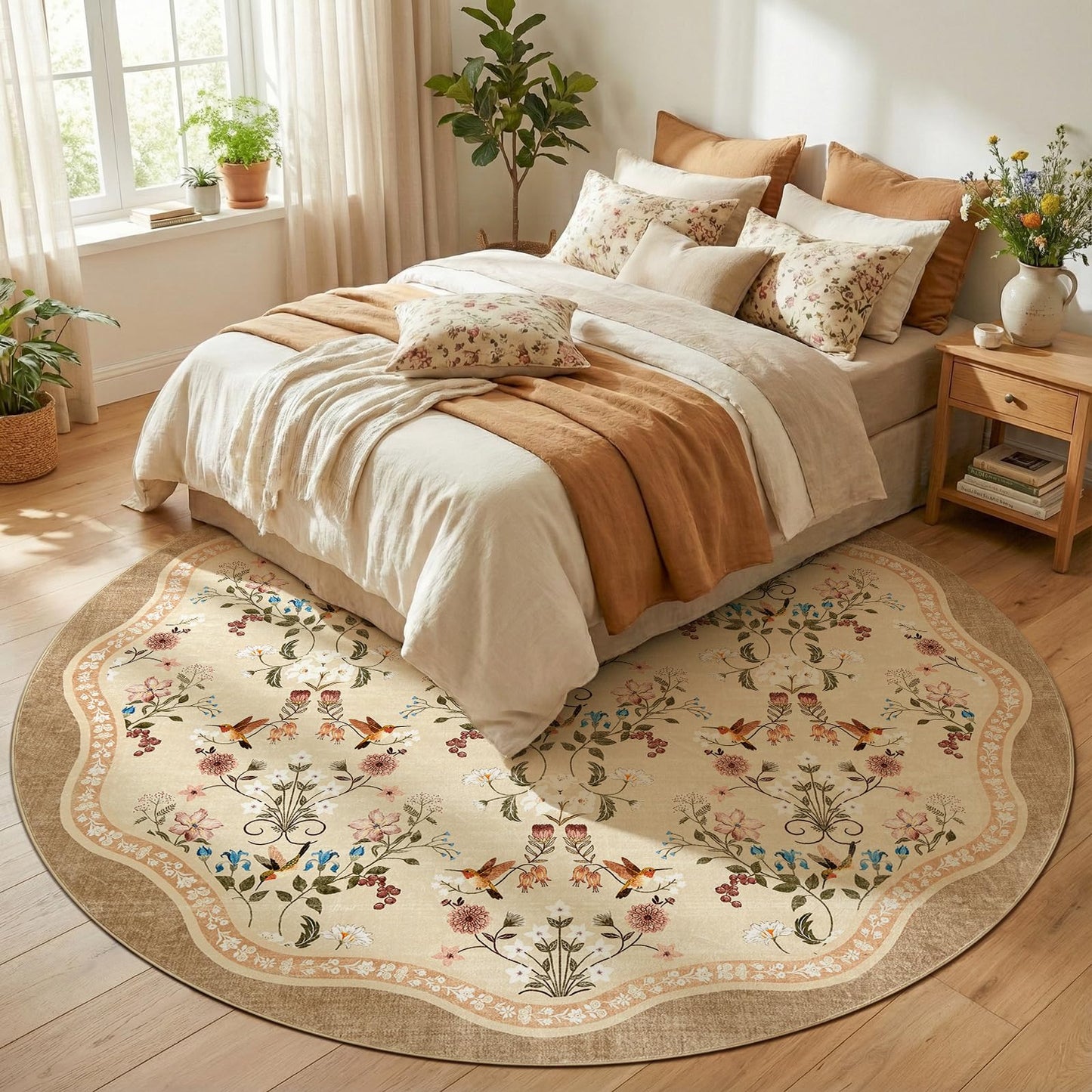 jinchan 8ft Circle Rug Floral Washable Carpet Non Slip Indoor Netural Flower Large Area Rug Round Low Pile Soft Carpet for Living Room Bedroom Dining Room Light Taupe