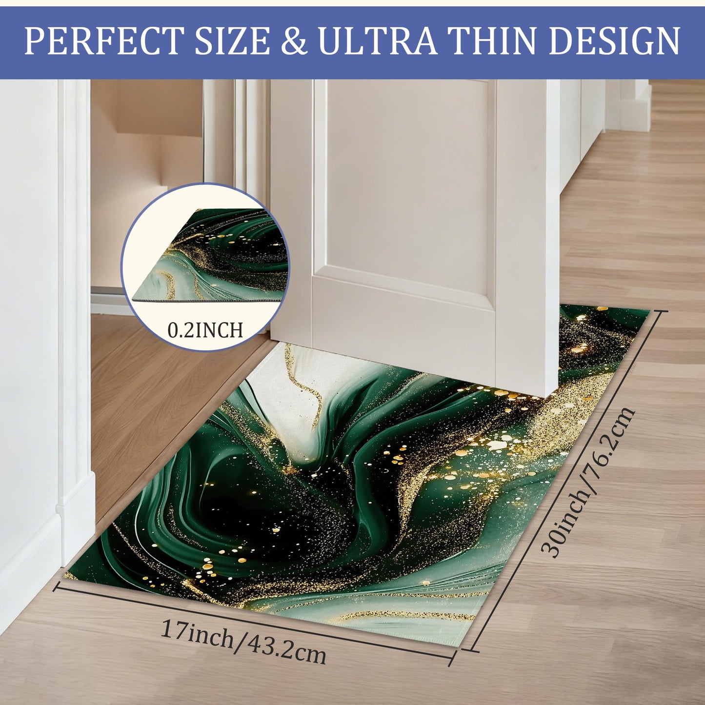 Green Gold Marble Welcome Mat,Modern Abstract Indoor Rugs for Entryway,Anti-Slip Low Profile Doormats Porch Mats for Front Door Stairway Rug Living Room Floor Mat 30 x 17 Inch
