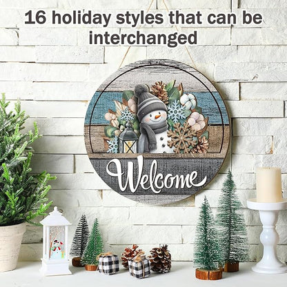 Yousoontic 17 Pcs 12 Inch Magnetic Welcome Door Sign Interchangeable Front Door Decor Rustic Fall Seasonal Hanging Sign Halloween Christmas Decor for Home Warming Gift(Retro Color,Grain Welcome)