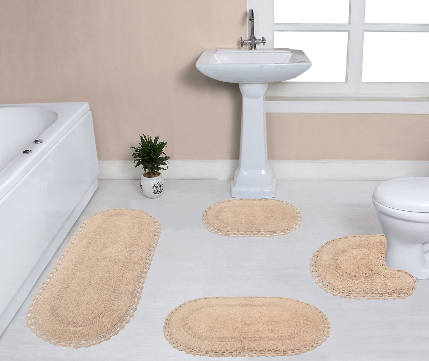 Home Weavers Hampton Crochet Reversible Bathmat 100% Cotton Bathroom Rugs Set, Washable Rug, Extra Soft and Absorbent Bath Rug, Kitchen Mat, Bath Mat Set, Mat Non Slip, 4 Piece Set with Runner, Linen