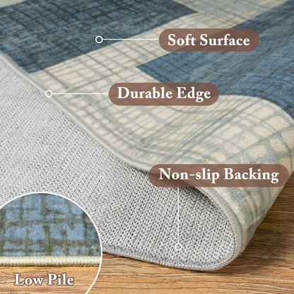Ailyei Area Rugs 3x5 Kitchen Rugs Entry Rug for Inside House, Modern Geometric Entryway Rug Non Slip Stain & Fade Resistant, Grid Print Patchwork Area Rug for Entrance Bedroom Decor, Blue