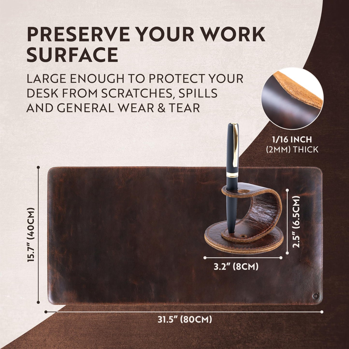 moonster 100% Genuine Leather Desk Pad with Ballpoint Pen Holder – Desk Mat Protector for Office Tables - Large Mouse Pad, Non-Slip PU Leather Desk Blotter, Laptop Desk Cover 31" x 16"