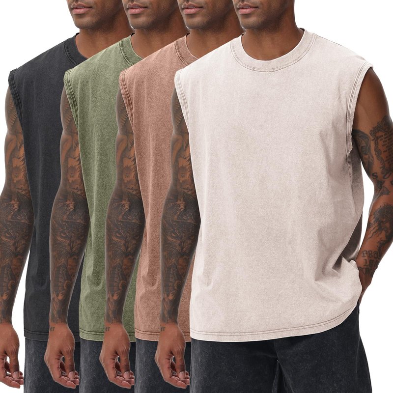 SnowElve 4 Pack Mens Workout Tank Tops Sleeveless Tee Shirts Men Muscle Shirt Gym Acid Wash T Shirts Running Beach Loose Fit Tee(BKAGCFBG,M)