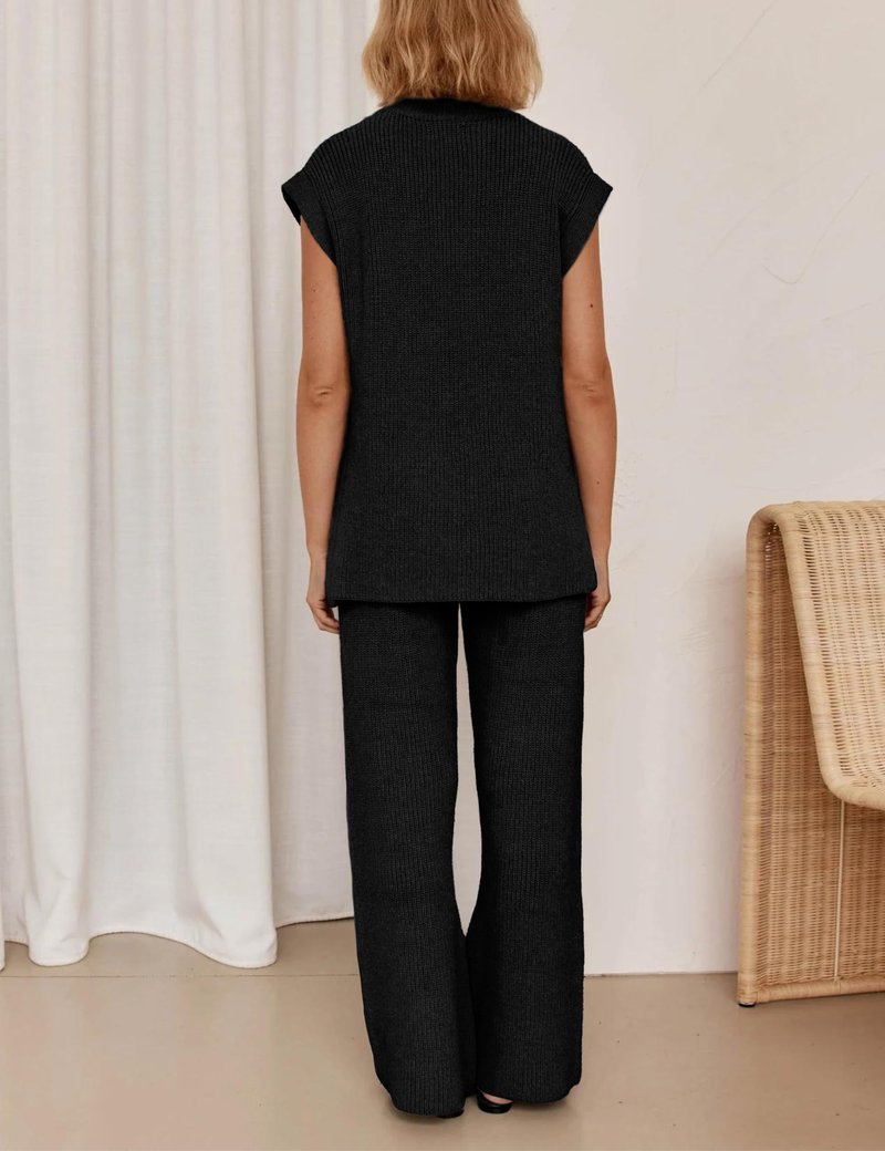 Lviefent Womens 2 Piece Outfits Sweater Set Sleeveless Side Slit Pullover Top Knit Wide Leg Pants Lounge Matching Sets (Black-L)