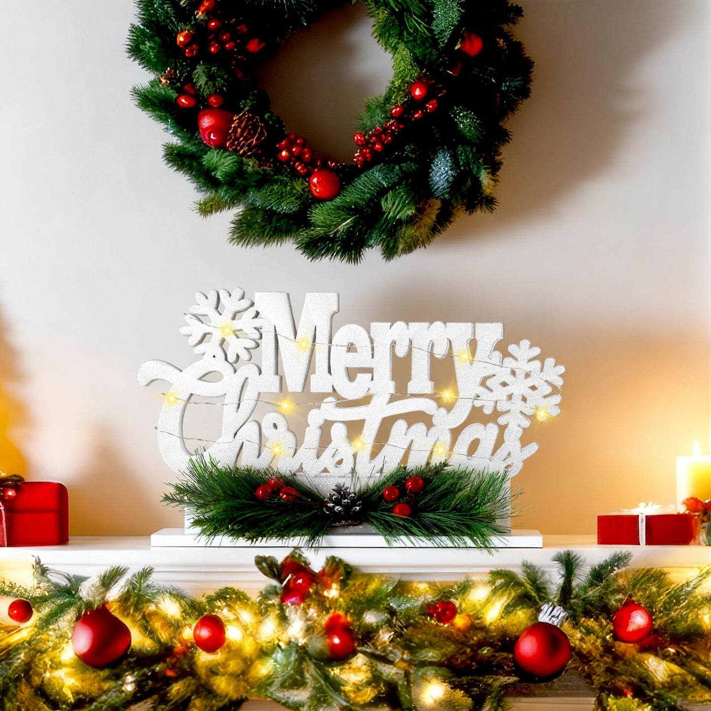 Leinuosen Merry Christmas Sign Wooden Christmas Table Sign with Holly and LED Light White Xmas Wooden Table Centerpiece for Mantel Fireplace Shelf Xmas Party Home Tabletop Decoration