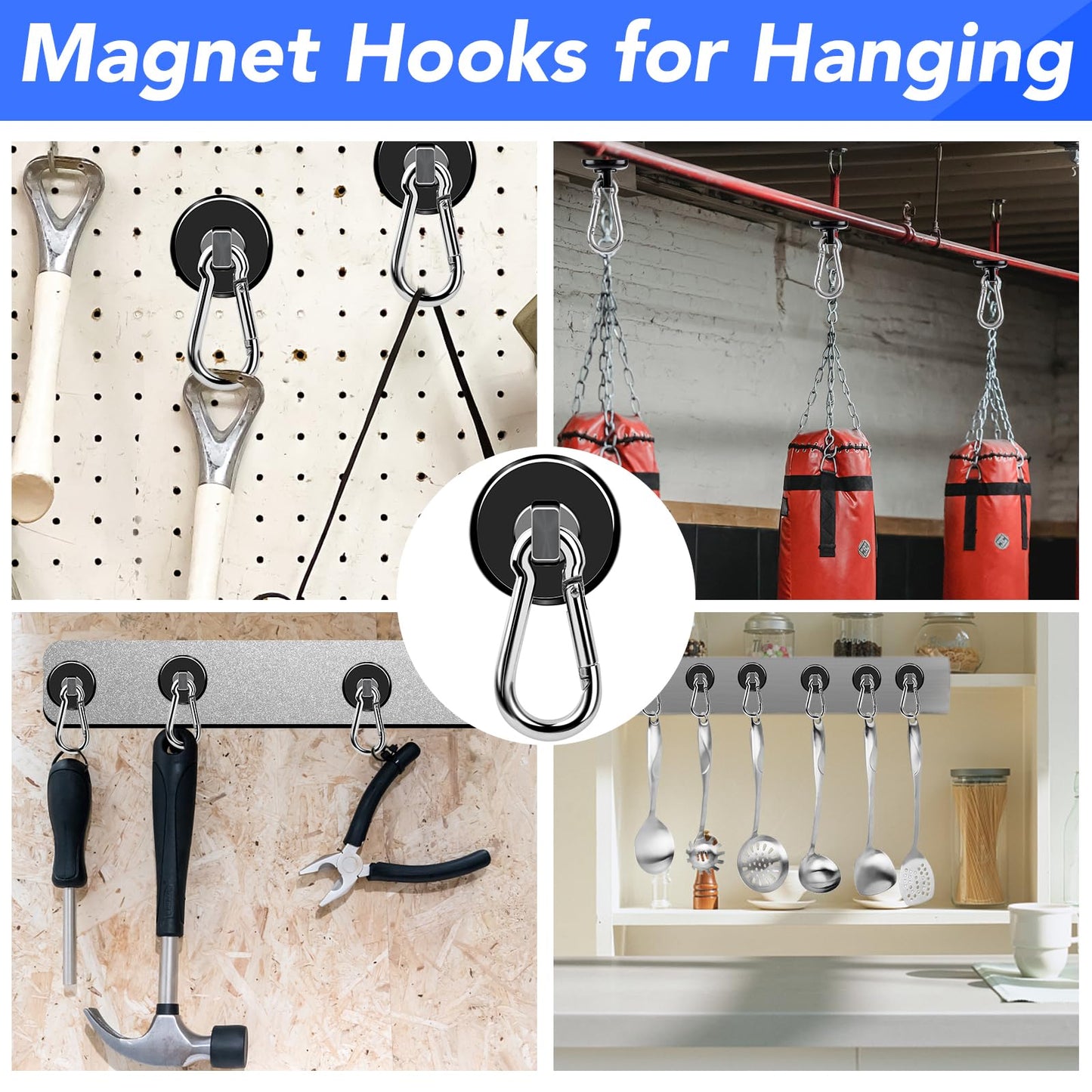 LOVIMAG Strong Magnetic Hooks, 12 Pack Magnetic Hooks Heavy Duty 70LBS Strong Neodymium Magnets with Carabiner Hook, Magnet Hooks with Swivel for Kitchen, Hanging, Cruise, Grill, Refrigerator - Black