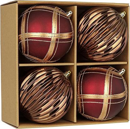 4.7" Large Plastic Christmas Balls Ornaments Set of 4, Glitter Shatterproof Christmas Bulbs Ornaments for Xmas Tree Decorations, Burgundy & Bronze Ornament for Tree,Mantel,Garland,Winter,Party Decor