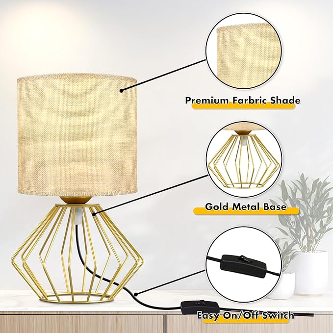 Hamilyeah Gold Table Lamps Set of 2, Modern Bedside Lamps with Fabric Shade, Simple Table Lamps for Bedroom, Living Room, Office, Desk Lamp for Night Stand