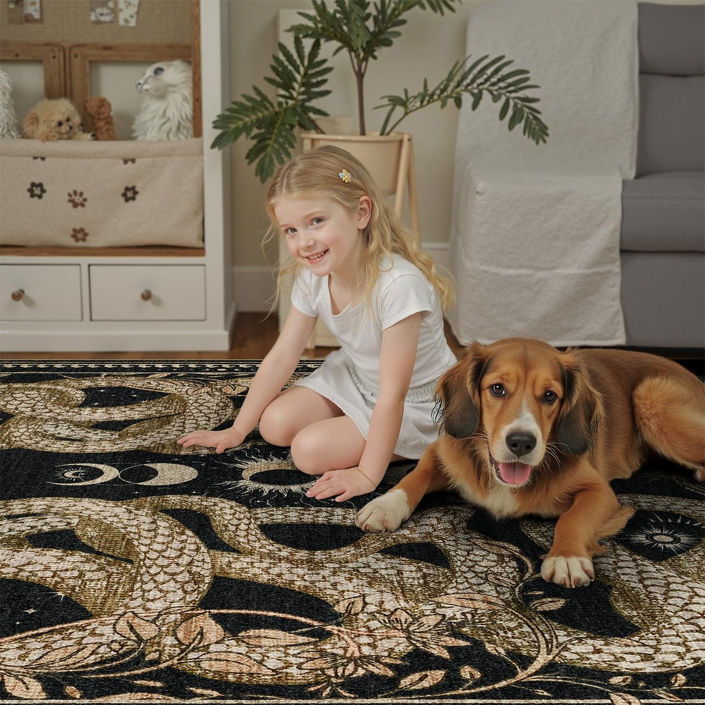 DCX Washable 5x7 Snake Rug, Black Gothic Rug for Living Room, Soft Low Pile Carpet, Kid & Pet Friendly with Rubber Back Non Slip, Stain Resistant Rug for Bedroom Dining Room Office