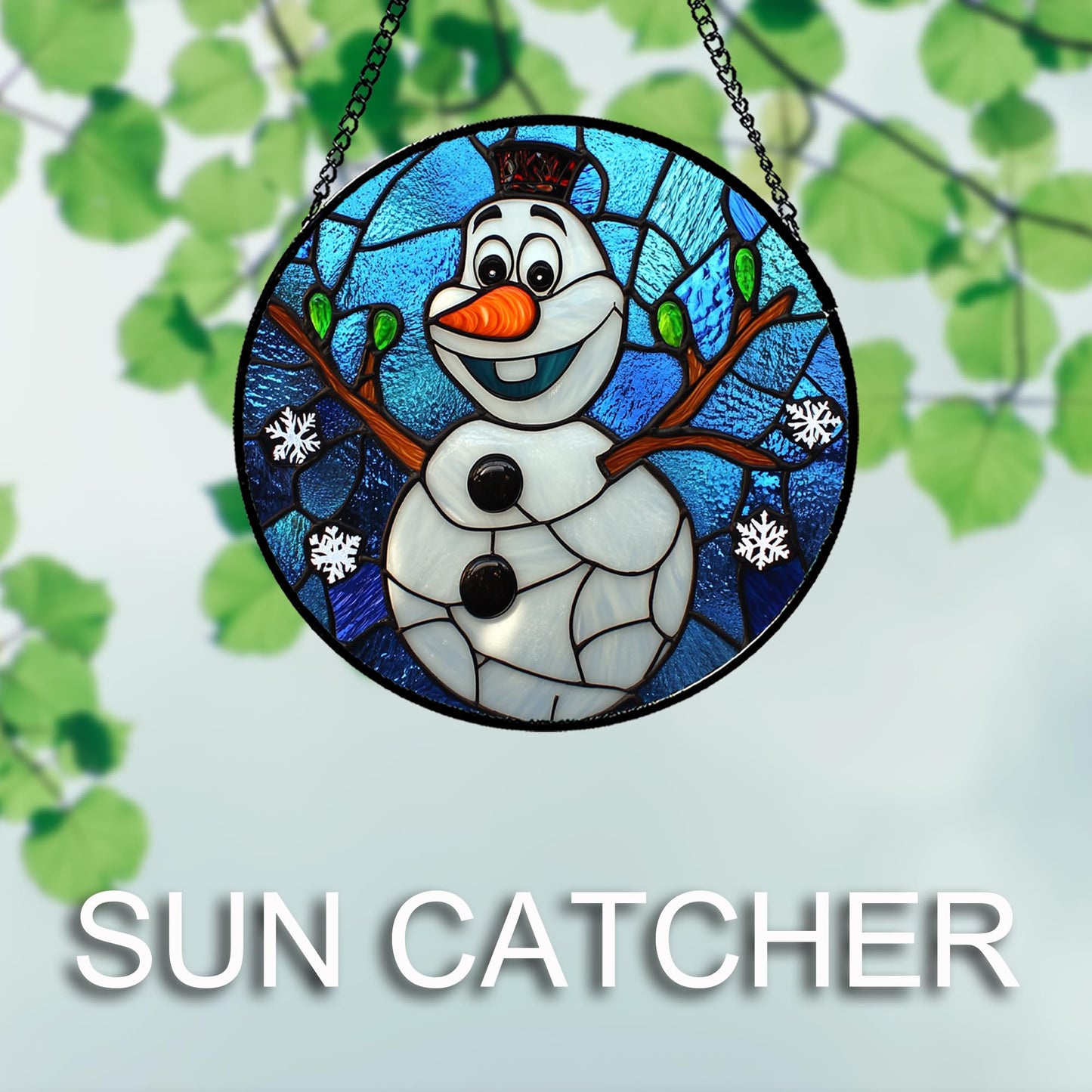 JOSUMALY Stained Glass Window Hanging Christmas Funny Snowman 6.3" - Suncatcher Door Garden Blue White Snowflakes Sun Catcher New Year Birthday for Friend Mom Men Woman Nana