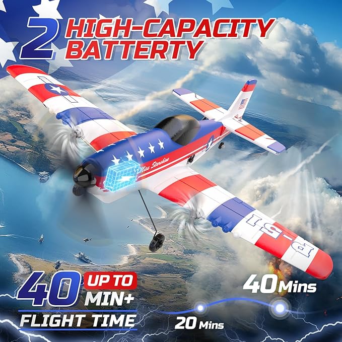 DEERC RC Plane 3 Channel P51D Mustang Remote Control Airplane Fighter Toys2.4GHz 6-axis Gyro Stabilizer RTF Glider Aircraft Plane with 2 BatteriesEasy to Fly for Adults Kids Beginners Boys