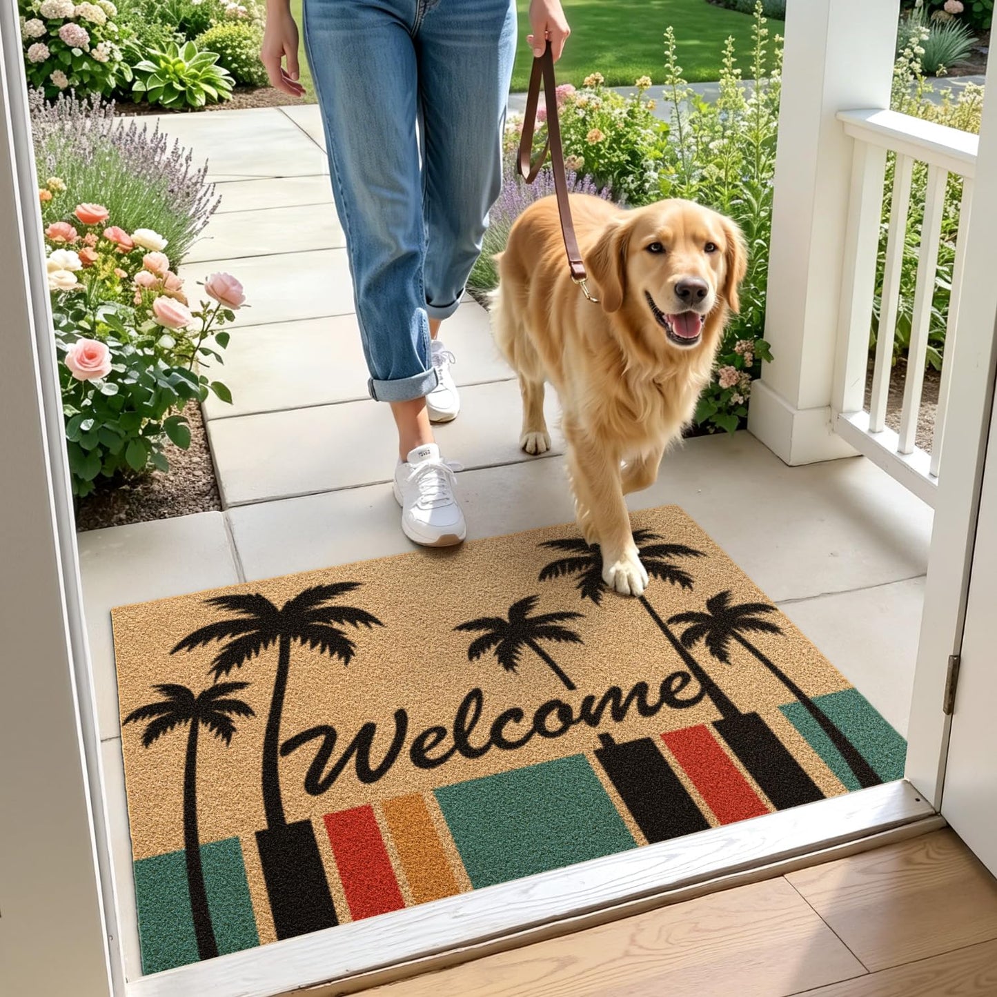 DEXI Front Door Mat Outside Entrance, 2x3 Heavy Duty Welcome Entry Summer Tropical Plant Doormat, Non Slip Entryway Floor Dirt Trapper for Porch Patio, Coconut Tree
