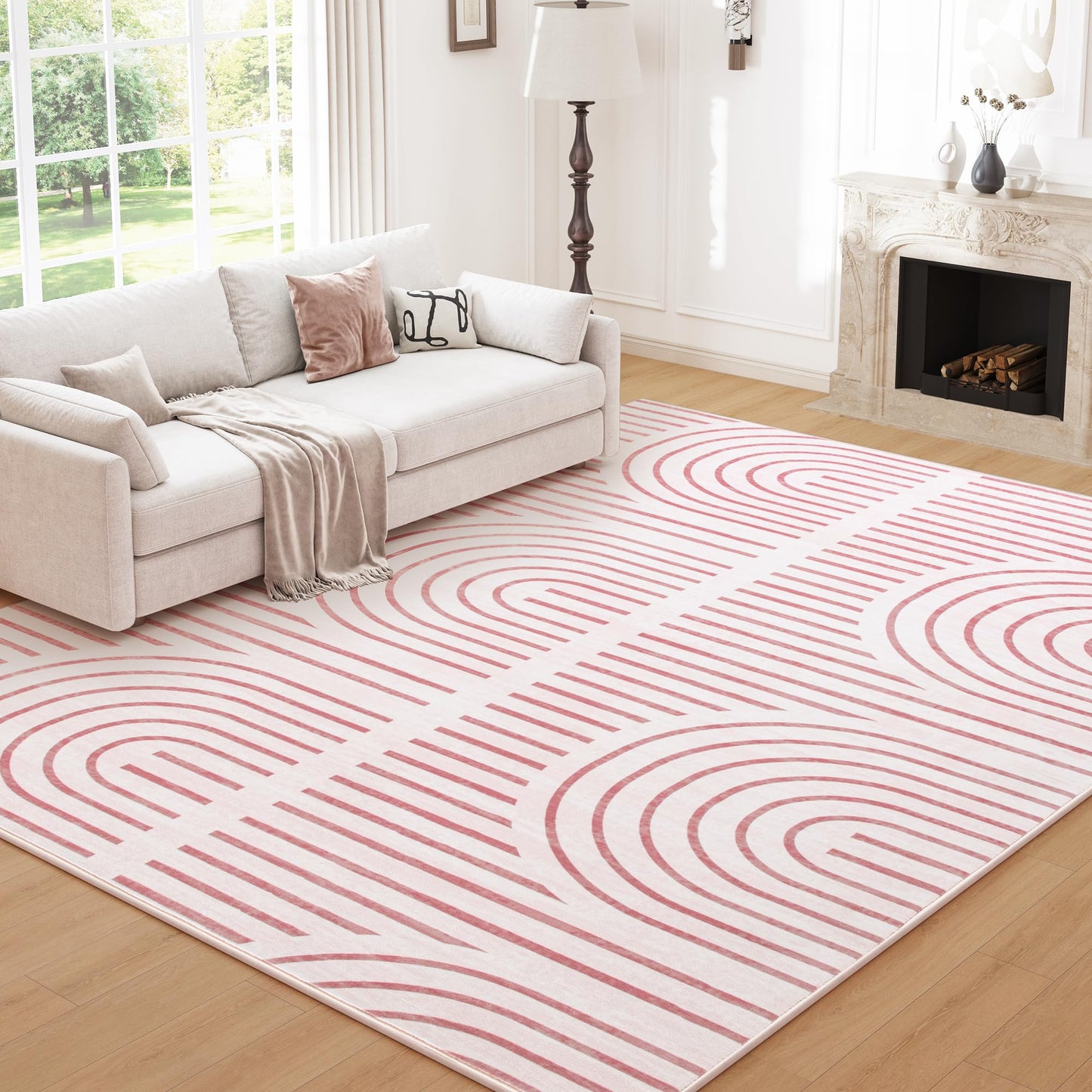 ARKIIKI Pink Washable Rug 5x7 for Bedroom, Soft Abstract Rainbow Carpet for Living Room, Modern Area Rugs, Non-Slip Stain Resistance Rug for Kid Nursery Playroom Home Office