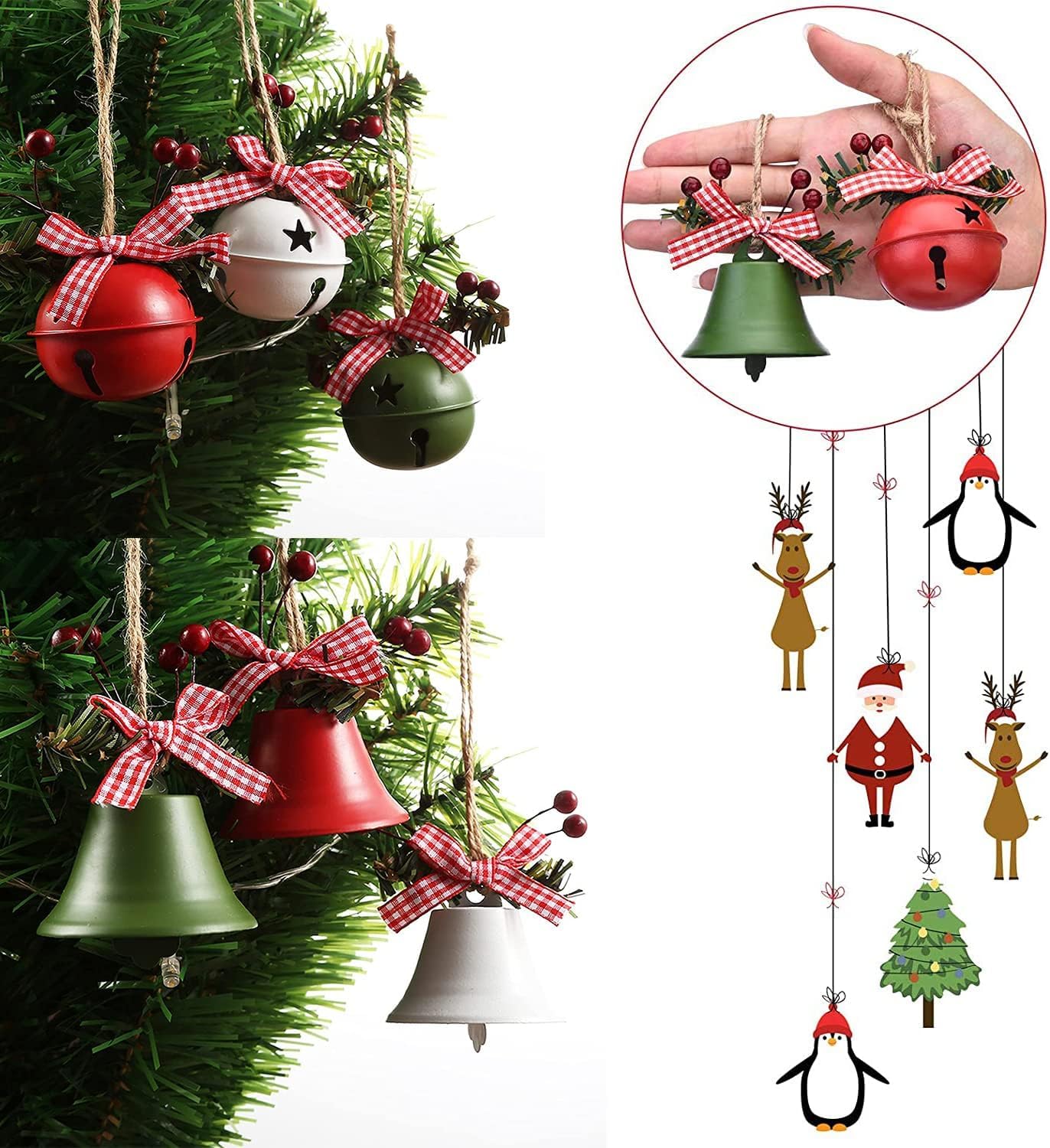 Christmas Bell Ornaments 2025 Xmas Tree Hanging Decorations Large Size Bells with Holly Berry for Crafts Holiday Party Favors Supplies (Red,Green, White) 6 Piece