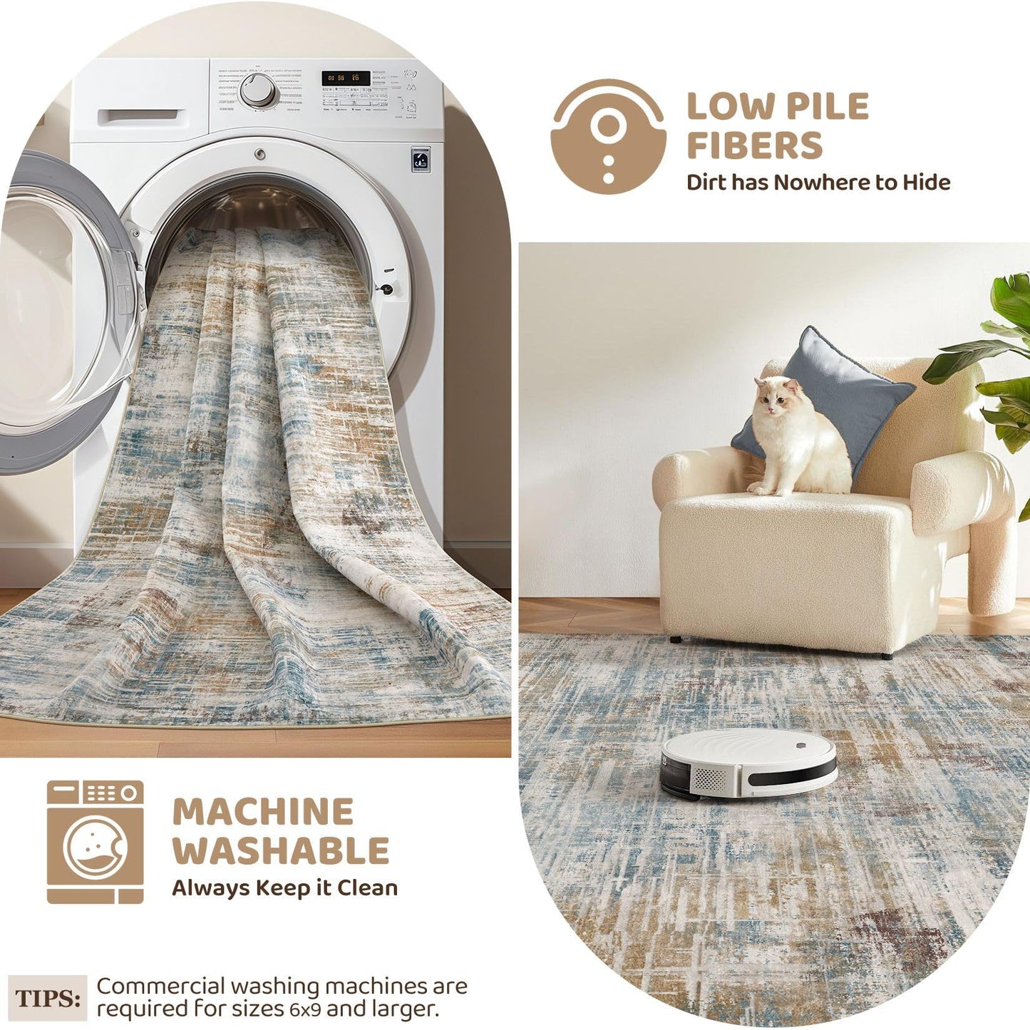 UERMEI 8x10 Washable Area Rug for Living Room: Modern Neutral Abstract Large Soft Low Pile Carpet Non-Slip Pet Kids Friendly Indoor Decor for Bedroom Dining Room Home Office Nursery Blue Brown