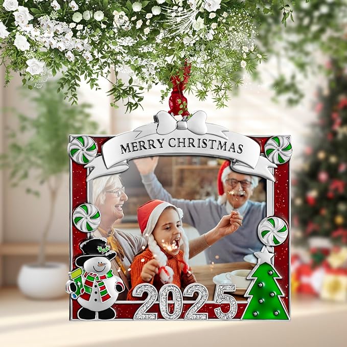 2025 Christmas Tree Ornament Picture Frame Ornament - Made of Zinc Alloy Glitter Powder Pendant 3x2.5 Inch Picture Frame for Pet and Baby Holiday Keepsake Gift (Snowman,Silvery)