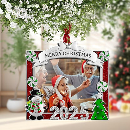 2025 Christmas Tree Ornament Picture Frame Ornament - Made of Zinc Alloy Glitter Powder Pendant 3x2.5 Inch Picture Frame for Pet and Baby Holiday Keepsake Gift (Snowman,Silvery)