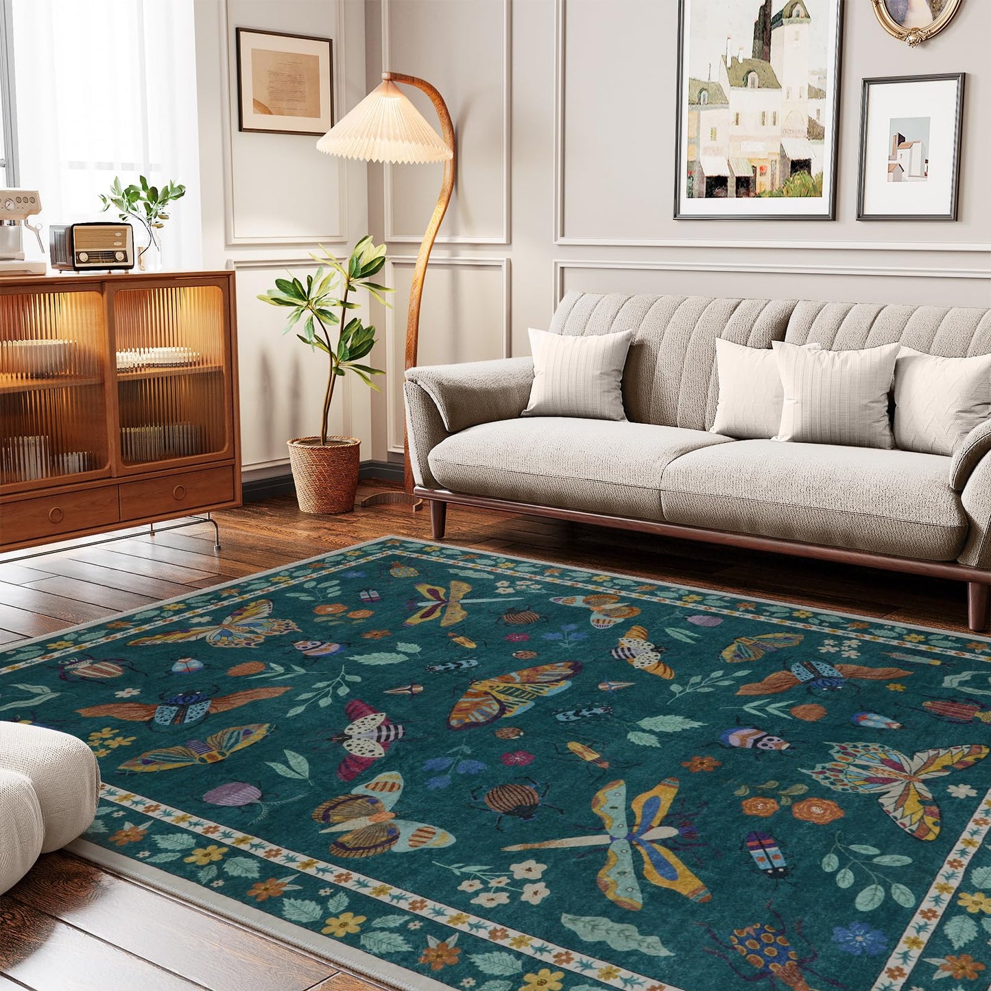 Lahome Insect Print 5x7 Area Rugs for Living Room, Soft Washable Rugs for Bedroom Ultra-Thin Non Slip Modern Rug, Throw Rug Carpet for Office Nursery Dining Room Vionnet(5'x7',Dark Green)