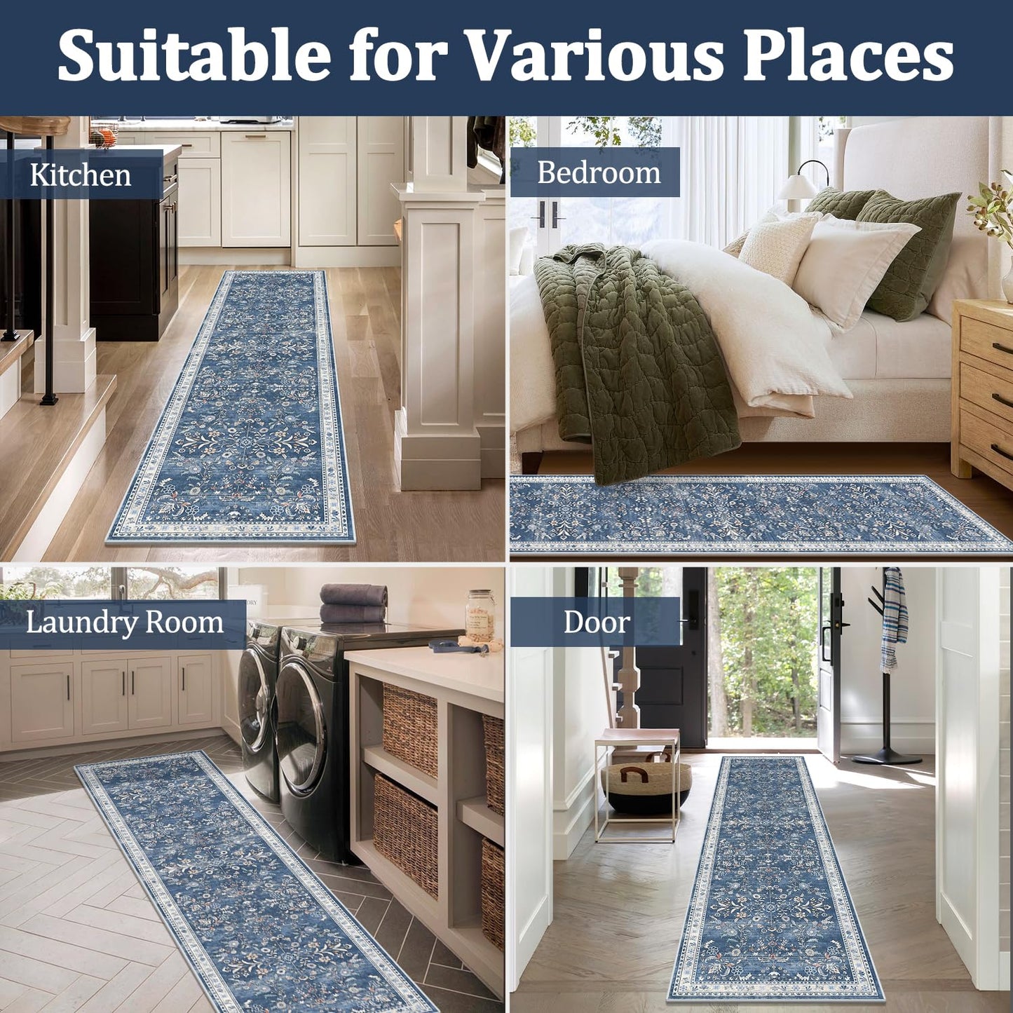 Yamaziot Washable Runner Rug 2x8 – Non Slip Boho Floral Hallway Runner Rug with Rubber Backing, Low Pile Wool Distressed Carpet for Kitchen, Laundry, Bedroom, Entrance, Blue