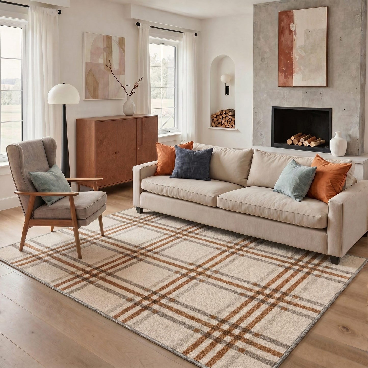 Bavni 5X7 Area Rugs, Minimalist Plaid Low Pile Non Slip Machine Washable Stain Resistant Indoor Rug for Living Room Bedroom Dining Room Home Office, Caramel Beige