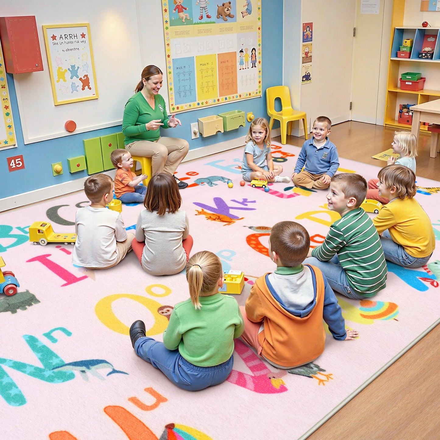 LIVEBOX 7'5" x 13' Pink ABC Kids Classroom Carpet, Large Washable Alphabet Educational Learning Area Rugs for Classroom Elementary, Non-Slip Pastel Preschool Kids Teacher Rug for Kindergarten Daycare
