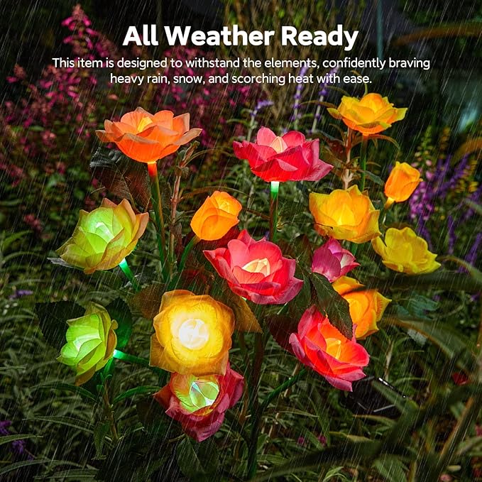 RECHOO Solar Garden Lights - 6 Pack Upgraded Garden Decor with 30 Rose Flowers, 7 Color Changing Waterproof Solar Flowers for Outside Yard Pathway Decoration