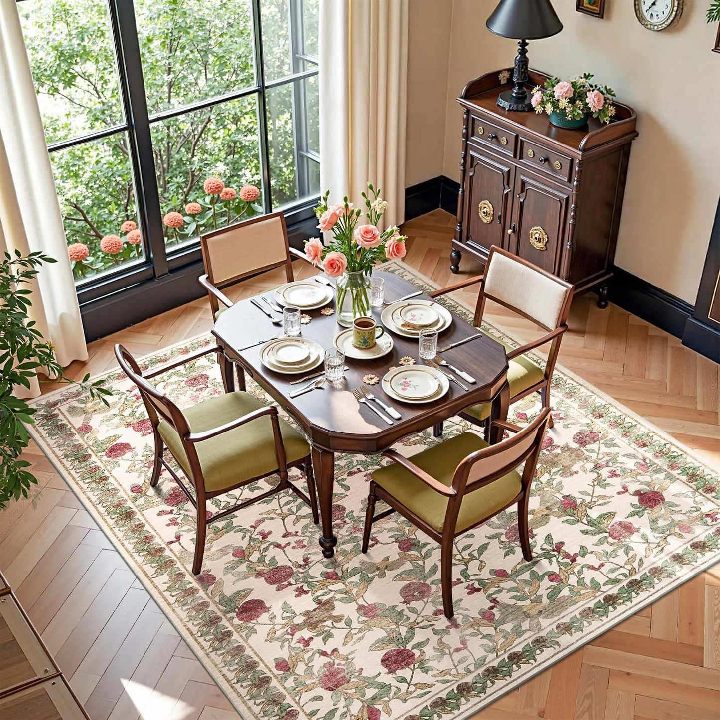 jinchan Eden Floral Area Rug 5x7 Washable Vintage Soft Non-Slip Distressed Red Green Carpet Low Pile Accent Rug for Living Room Kitchen Bedroom Dining Room Nursery