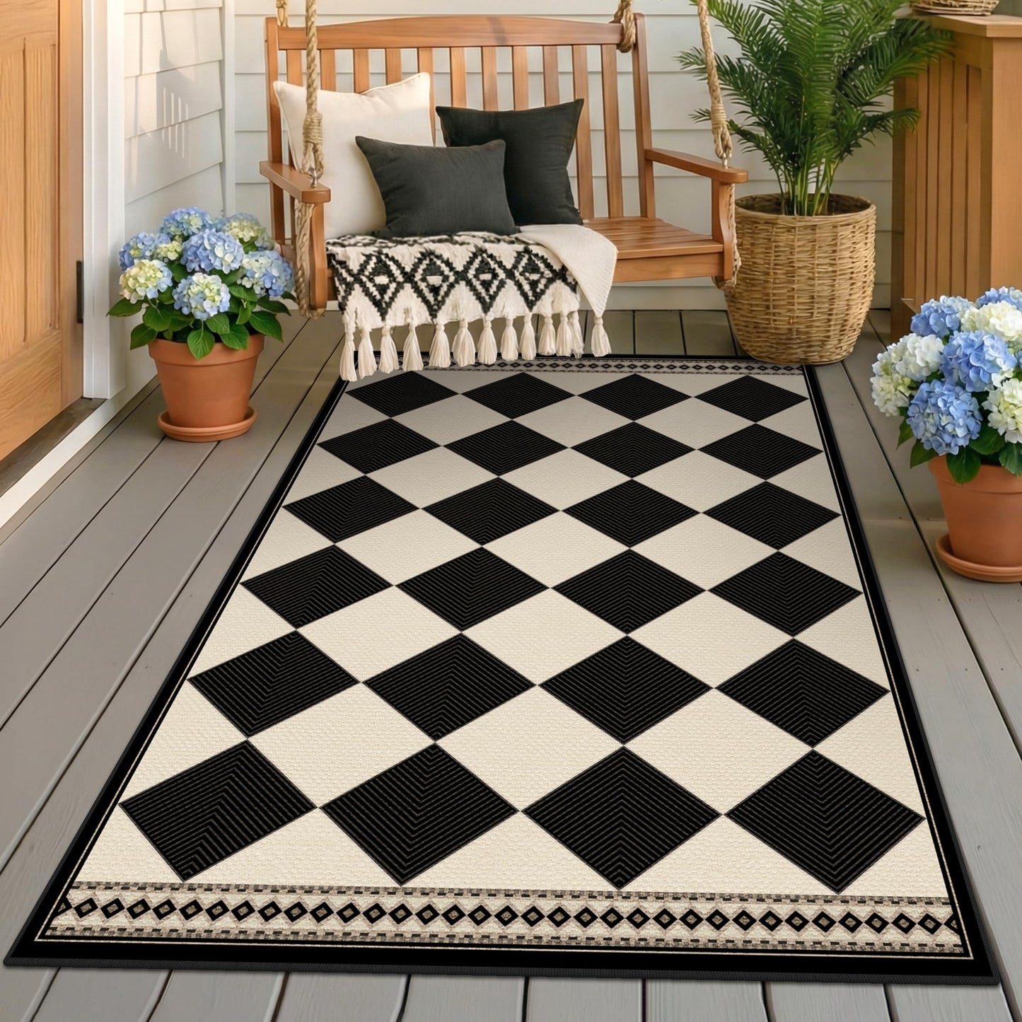 Black and White Diamond Outdoor Easy Jute Front Porch Rug 3x5, Washable Non-Slip Checkered Entryway Rug, Modern Farmhouse Boho Low Pile Indoor Carpet for Living Room, Kitchen, Mudroom, Laundry Room