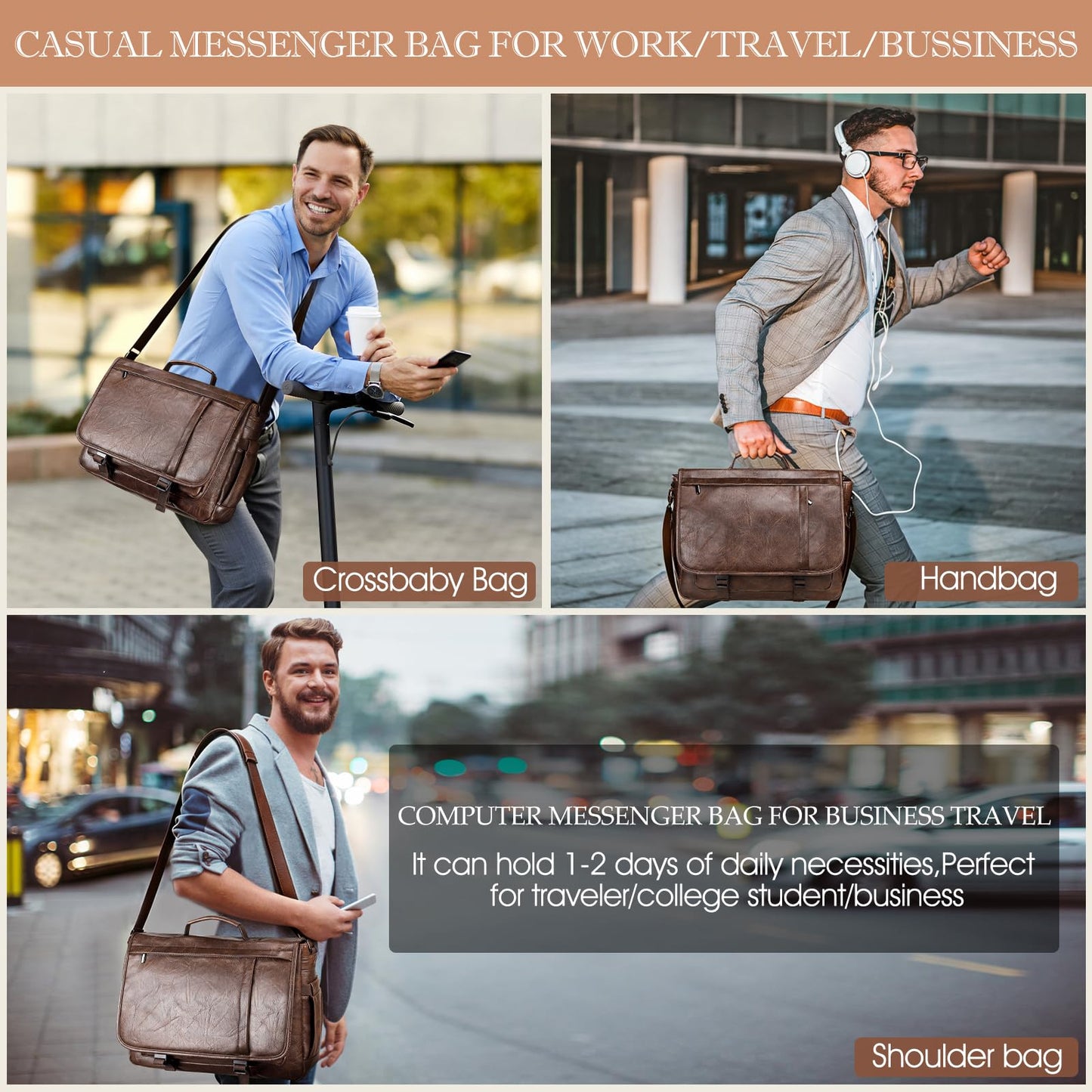 17.3 Inch Messenger Bag for Men: Laptop Bag PU Leather Work Briefcase Large Carry On Computer for Office College Travel,PU Coffee