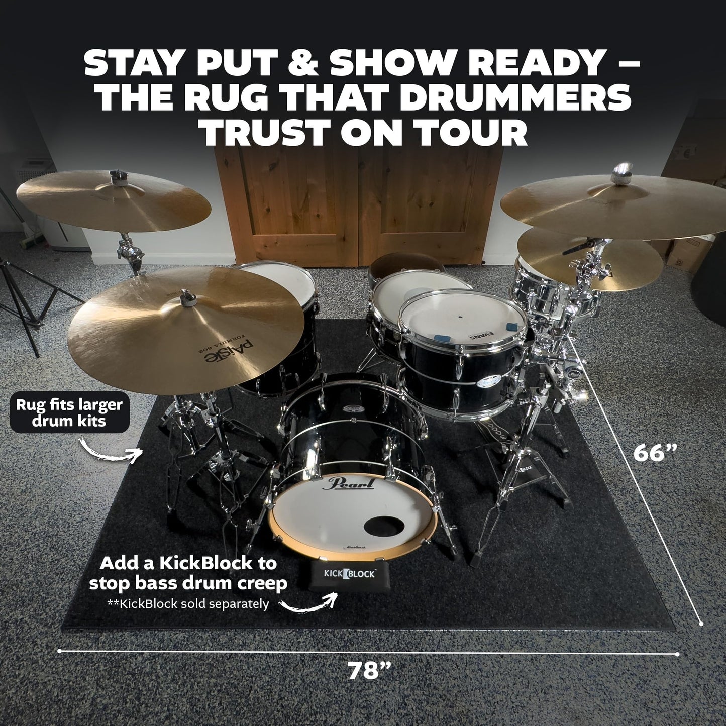 KickBlock Drum Rug 6'6" x 5'6" – Non-Slip Rubber Backing with Gig Bag Included – Drum Mat for Acoustic and Electronic Kits – Folds Compact for Travel – Drum Set Rug – Made in USA