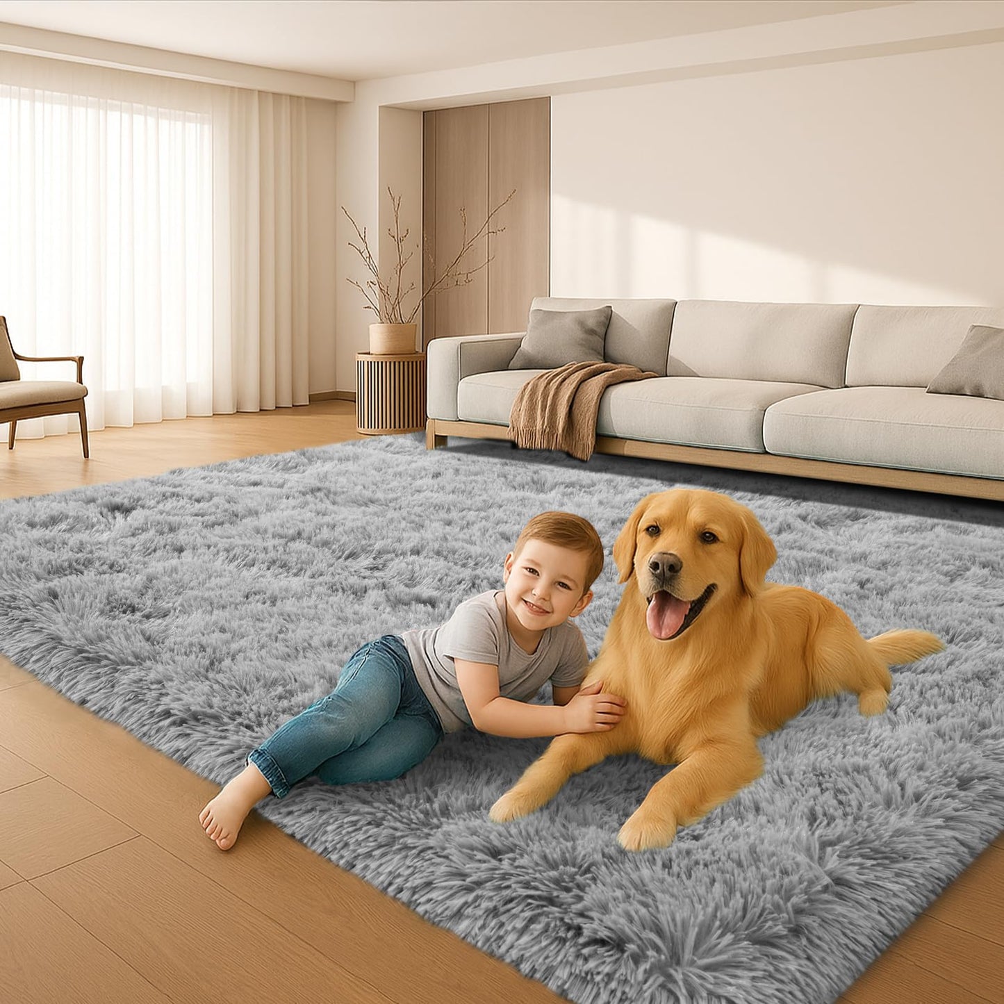 Mtandyx 8x10 Area Rugs Living Room, Gray Plush Fluffy Bedroom Rugs, Non-Slip Upgraded Indoor Thick Soft Rug, Modern Plush Carpet Suitable for Kids Home Decor Aesthetics Dorm.
