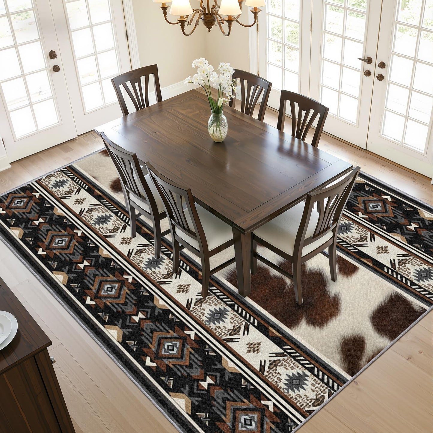 SherAvant Western Rug - 4x6 Rug, Cowhide Aztec Cabin Rustic Area Rugs, Native American Low Pile Stain Resistant Floor Carpets House Decor (Grey/Brown/Black)