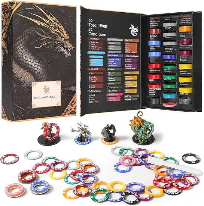 52 Unique DND Miniatures Condition Rings 92 PCS Status Effects Markers - Including 5 Customizable Blank Rings Ideal for Dungeons and Dragons &amp 5th Edition Best DND Gifts for DM