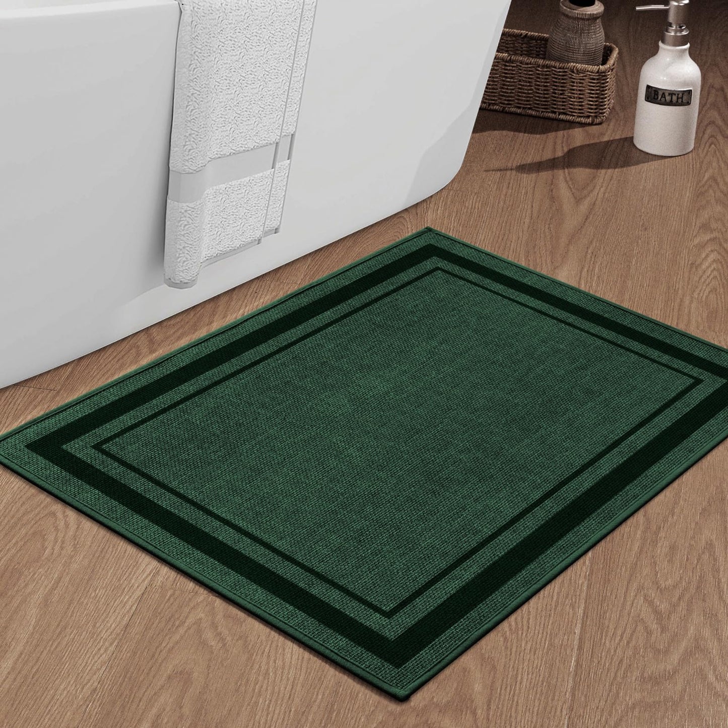 chakme Bathroom Rugs Mat 36x24, Ultra Thin Non Slip Bath Mat Large Quick Dry Absorbent Bath Mat for Bathroom Floor, (Dark Green, 36"x24")