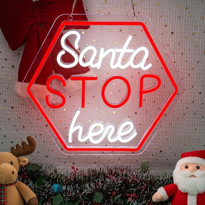 Santa Stop Here Neon Sign – Christmas LED Wall Light, Holiday Decoration for Home, Porch, or Party