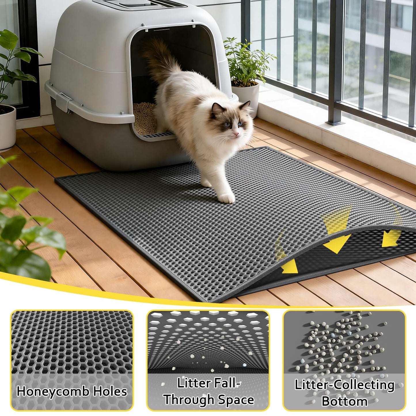 Kaxionage Cat Litter Mat, 30"X24" Large Double Layer Litter Trapping Mat, Waterproof/Urineproof, Easy to Clean Kitty Litter Mats for Floor, Scatter Control (Grey-2Pack)