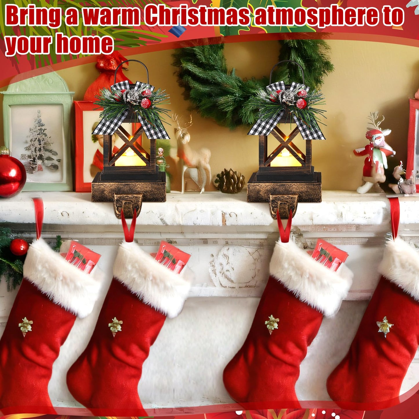 Therwen 2 Pcs Christmas Stocking Holders Lantern Christmas Stocking Hangers for Mantel Xmas Hooks Decorative Retro Light up Holders for Home Indoor Outdoor Decor(Classic,Bronze)