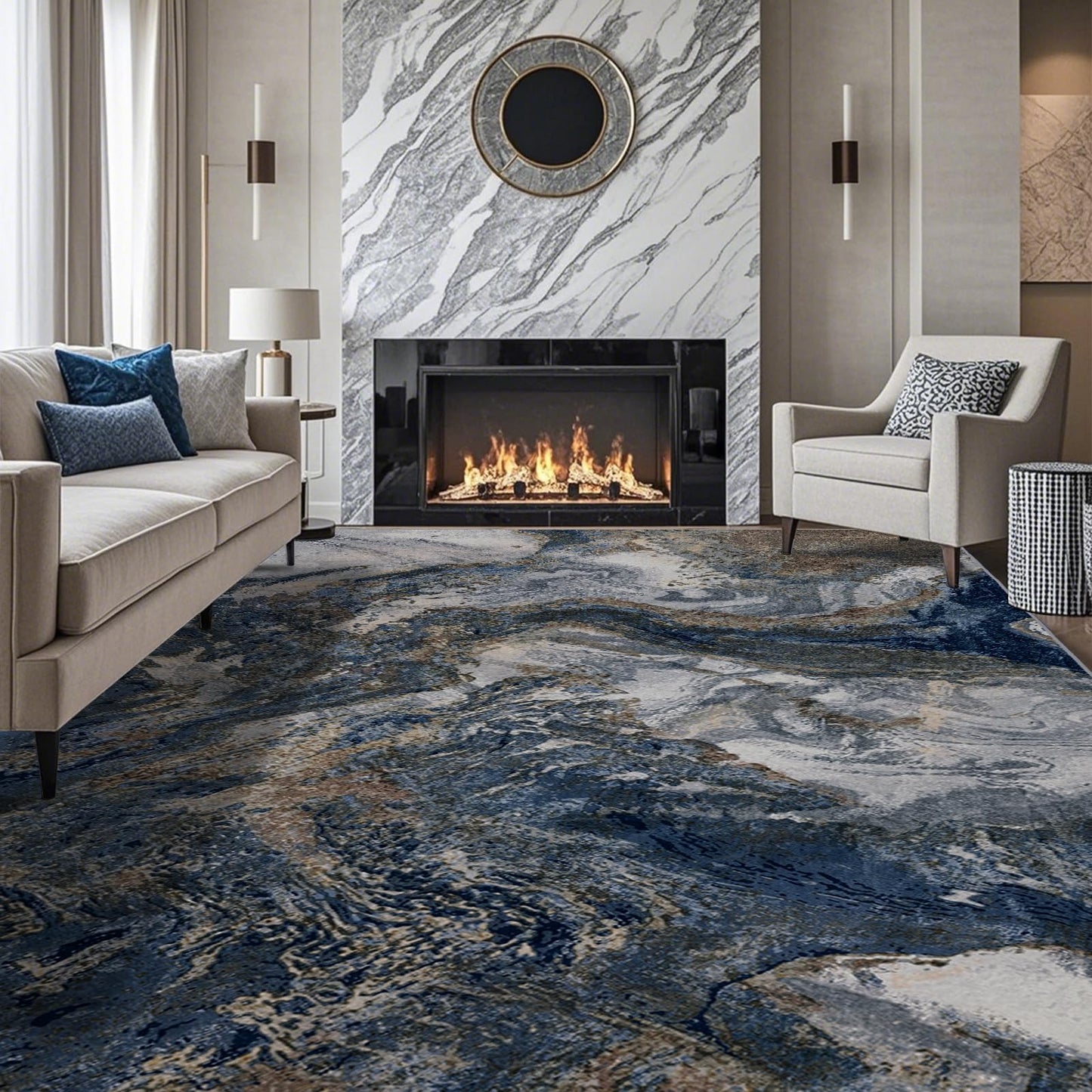 Abstract 9x12 Rug for Living Room: Modern Washable Blue Area Rugs for Bedroom Dining Room - Pet Friendly Thin Low Pile Non-Slip Stain Resistant Large Carpet