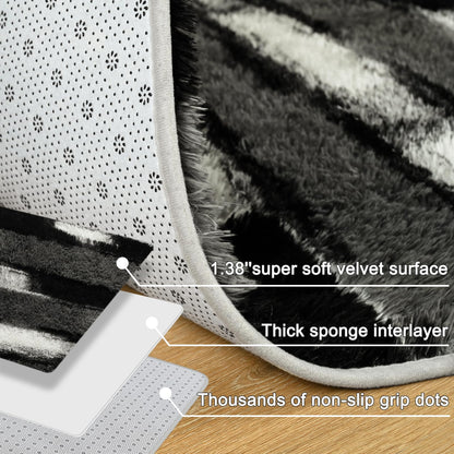 FALARK Fluffy Area Rugs for Bedroom Living Room, 4x6 Black and Grey Soft Plush Striped Rug, Modern Indoor Non Slip Washable Carpet, Furry Throw Carpets for Home Decor