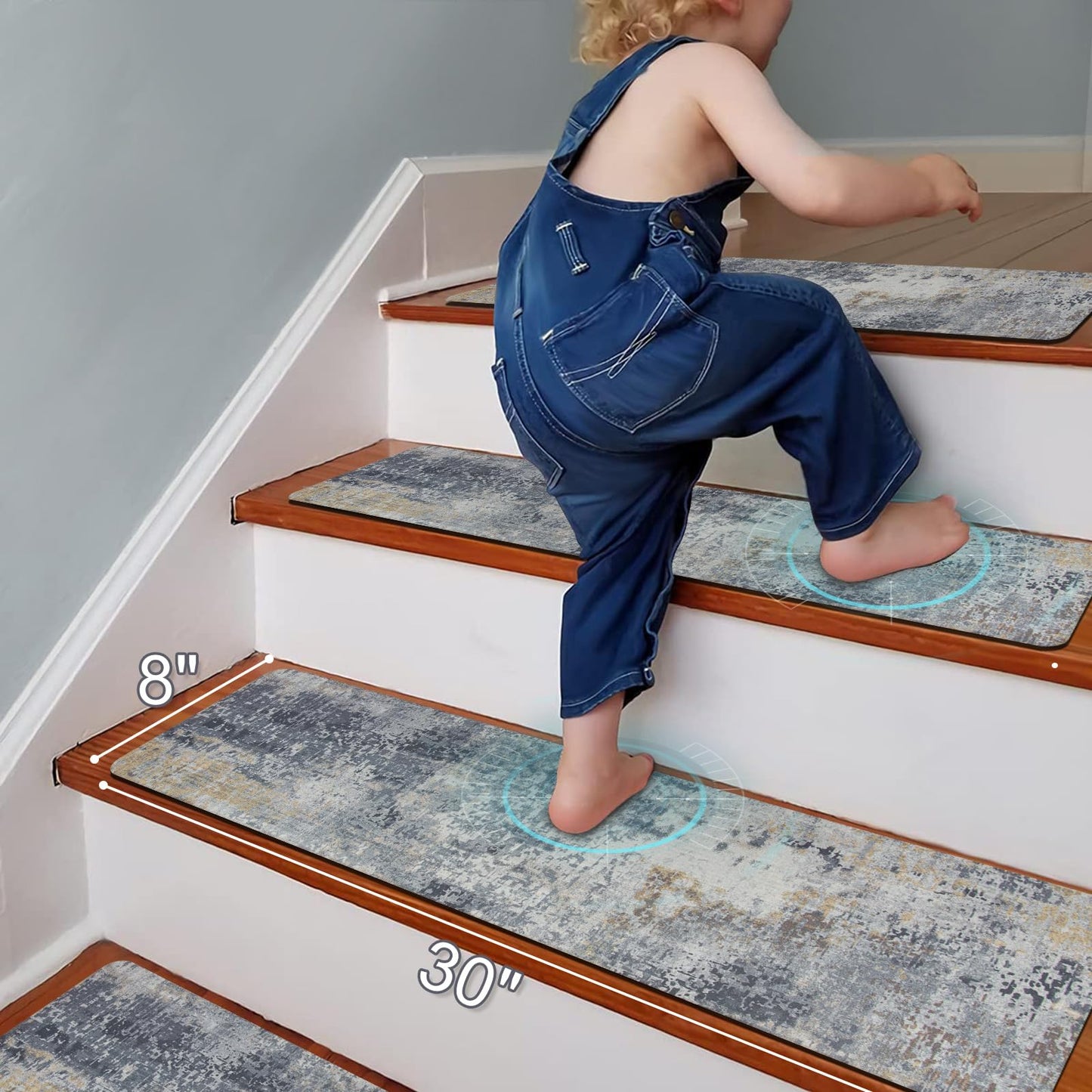 Tiveney Stair Treads Non Slip for Wooden Steps, 15PCS 8"x30" Grey Rubber Backing Stair Runner Mats, Washable Reusable Carpet for Stairs Rugs Indoor Safety Staircase Step Treads for Kids Elders Dogs