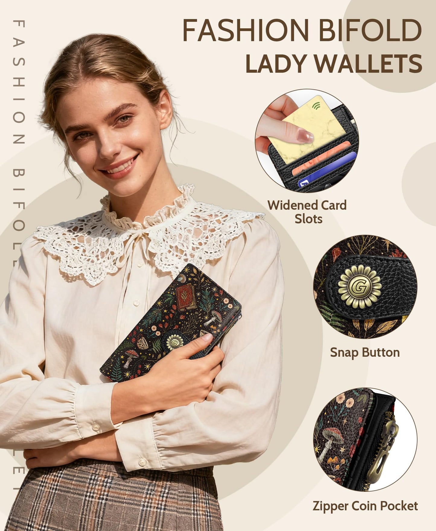 GIANCOMICS Book Mushroom Womens Wallet RFID Blocking, Credit Card Holder Bifold, PU Leather Travel Billfold, Long Cute Cash Purse, Zipper Coin Pocket Clutch, 11 Card Slots, Ladies Gift Woman