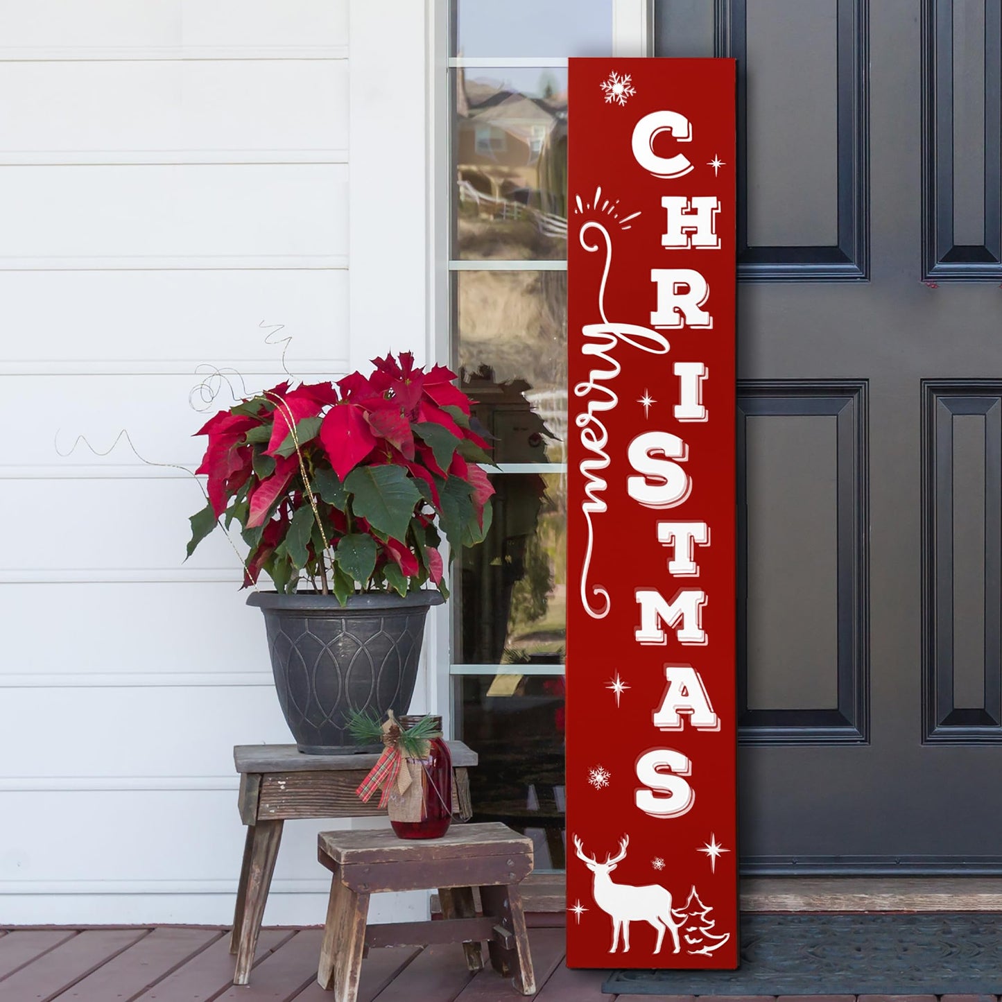 Merry Christmas Wooden Welcome Sign Vertical Porch Sign - Reindeer Snowflake Forest Wooden Wall Art Sign - Christmas Hanging Signs Decorations for Front Door Wall Display，47.2" H