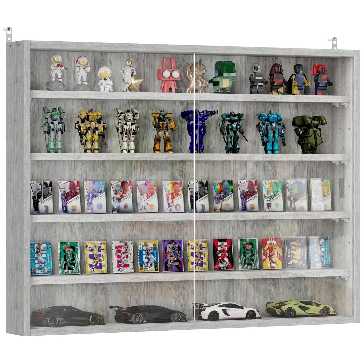 HOMCOM 5-Tier Display Cabinet, Glass Door Cabinet with Adjustable Shelves, Wall-Mounted Display Case for Playroom, Bedroom, Gray